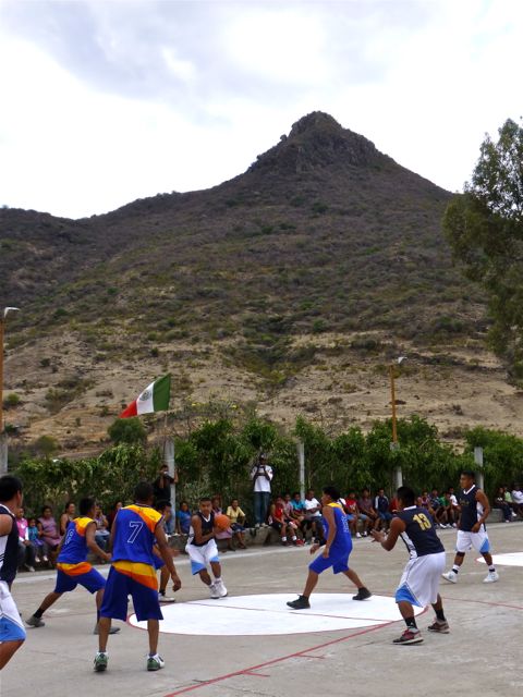 Basketball game with mountain in background